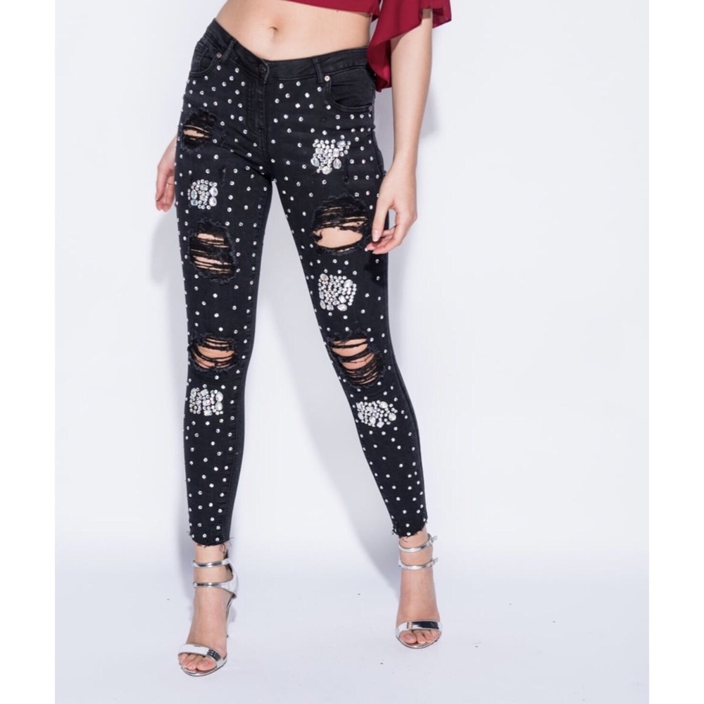 Skinny Embellish Distressed Denim